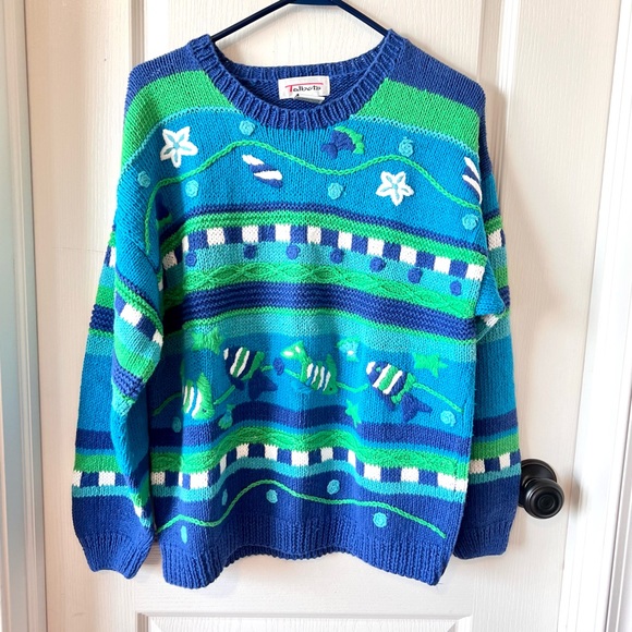 Vintage TALBOTS Ramie Cotton Embroidered Ocean Fish Crew Neck Sweater—SZ. Med - Picture 10 of 13